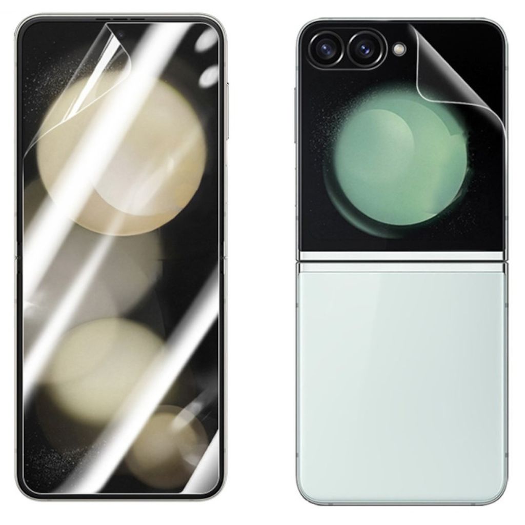 Two images of a foldable smartphone with screen protectors applied.
