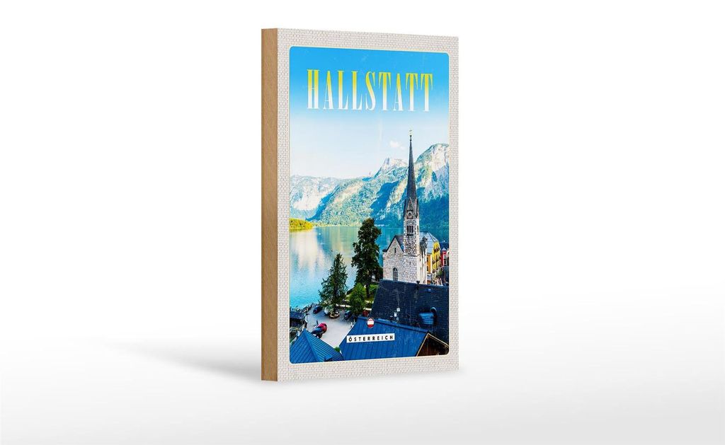 Holzschild Reise 12x18 cm Hallstatt Österreich Berge Kirche