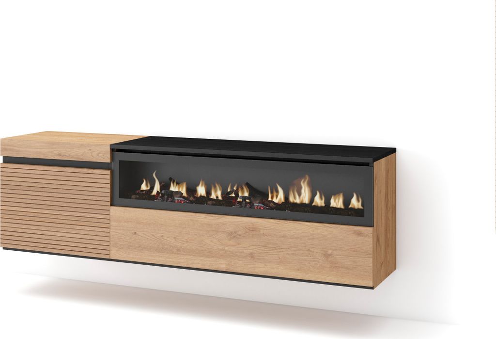 TV-Schrank, Lowboard, 150x35x45cm, Für TV-Geräte bis zu 65", Elektrokamin. , Hängend, Eiche