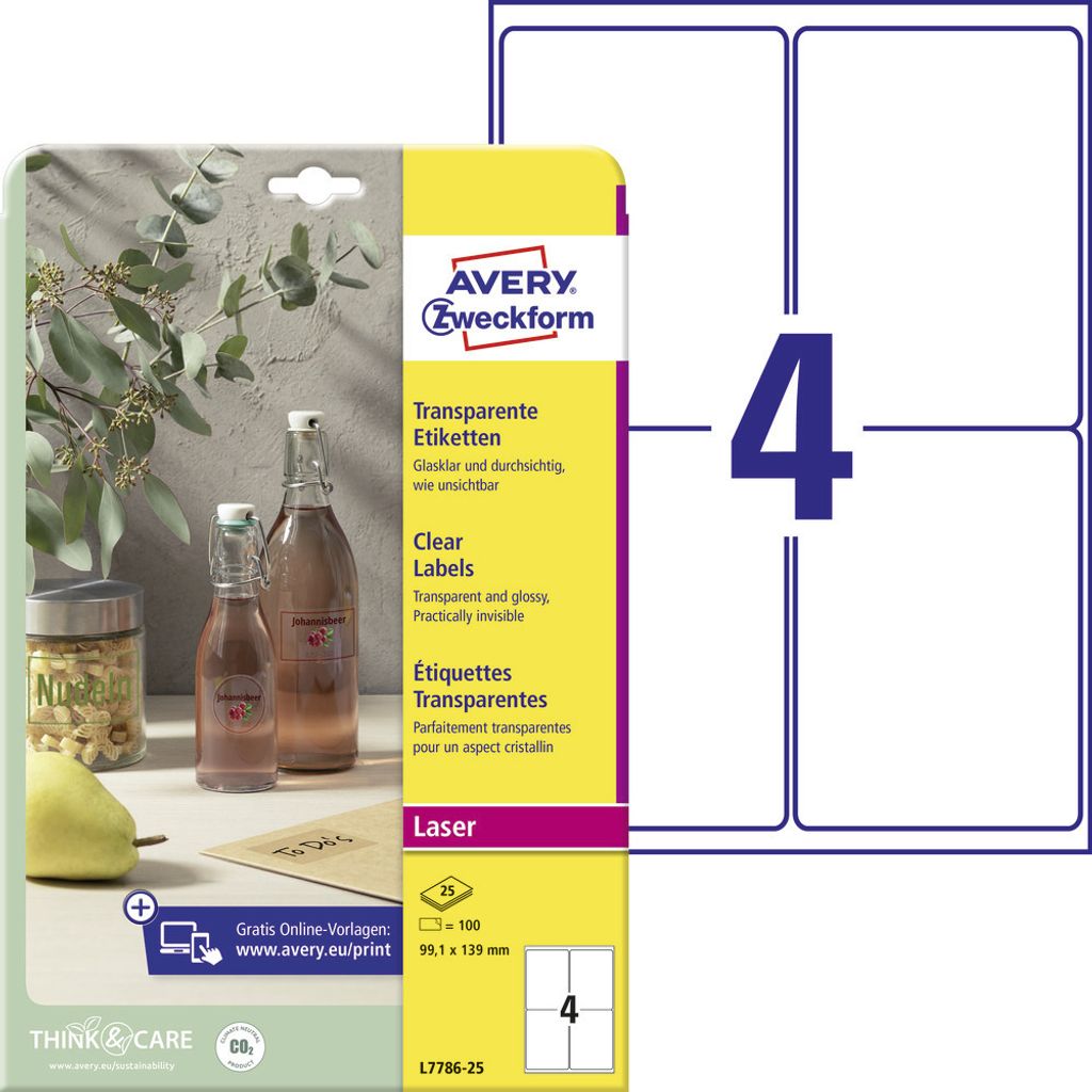 Avery Zweckform L7786-25 Transparente Etiketten, A4, 99,1 x Produktbild 