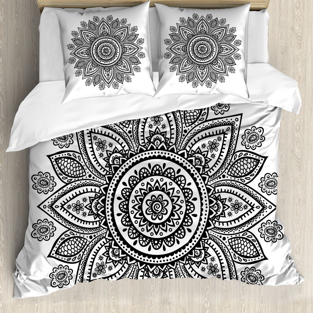 ABAKUHAUS Henna Bettbezugs Set Für Doppelbetten, Sonnenblume-Muster-Blüte, Milbensicher Allergiker geeignet mit Kissenbezügen, Weiß Schwarz