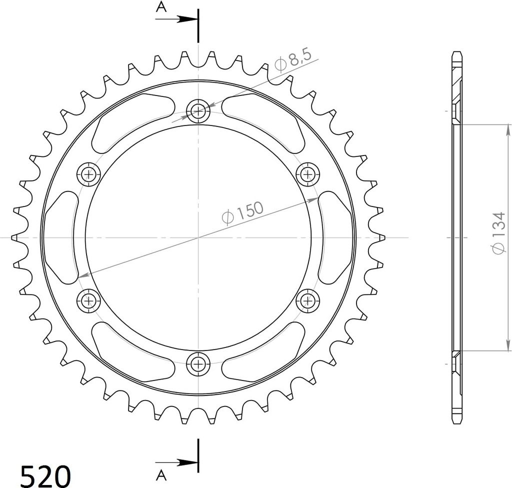 Supersprox Kettenrad 520 LK 150,0mm Ø 134mm 42Z 6-Loch Stahl schwarz