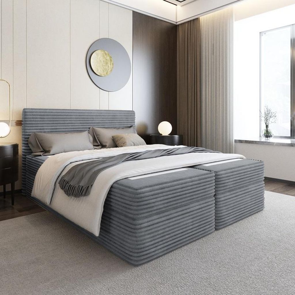 Bett Boxspringbett SENO ohne Topper mit Bettkästen - Doppelbett, Stauraum, Schlafzimmer, Polsterbett, Bettgestell (140x200, Dunkelgrau - Tilia 85)