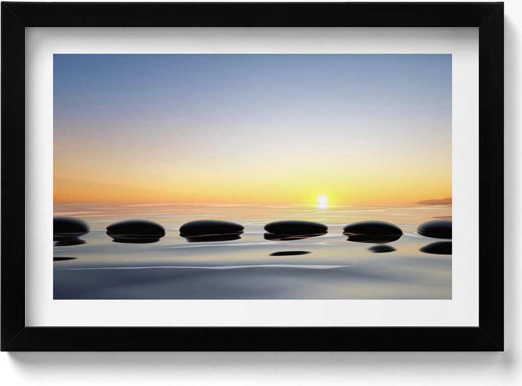 Steine auf dem Wasser bei Sonnenaufgang - zen– Wandbild mit Rahmen – Gerahmtes Bild – Wanddekoration – 30x20 cm – Schwarz Rahmen