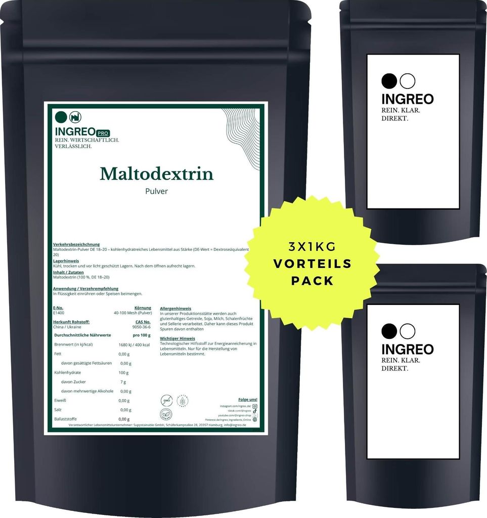 Maltodextrin-Pulver (40-100 Mesh) (DE 18–20) – 3kg (3X1kg) Produktbild 