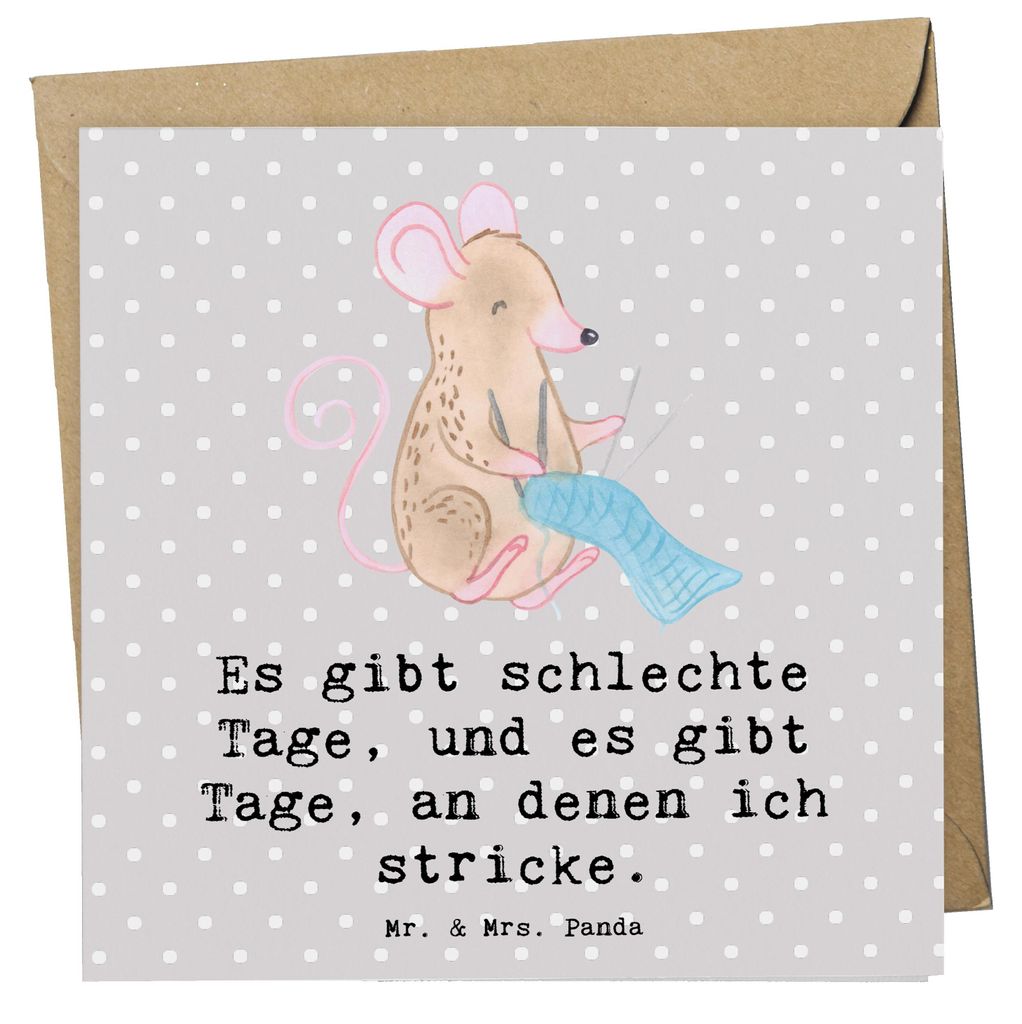 Mr. & Mrs. Panda Klappkarte Maus Stricken - Grau Pastell - Geschenk, Glückwunschkarte, anlasskarte, faltkarte, DIY, doppelkarte, Grußkarte