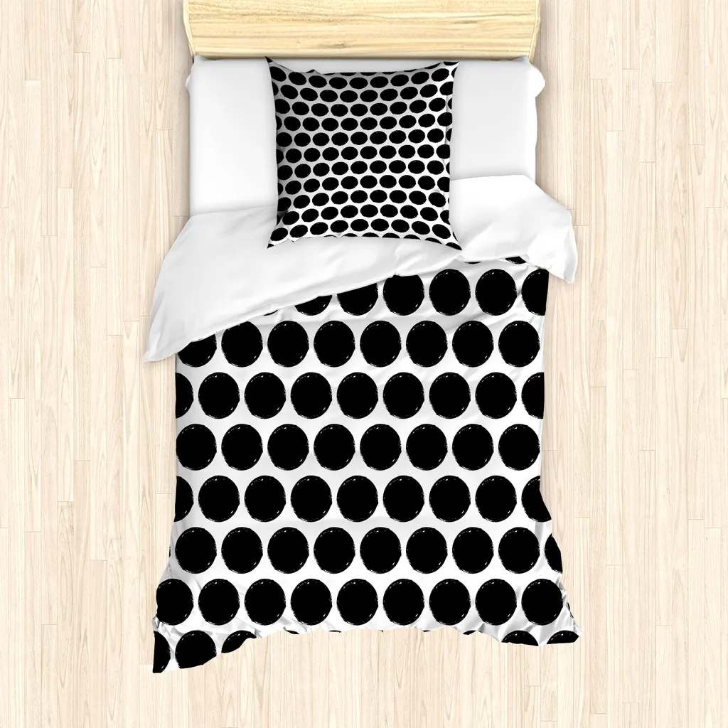 Set copripiumino ABAKUHAUS dots per letti singoli, forme rotonde grunge, antiacaro, adatto a chi soffre di allergie, con federa, 135 cm x 200 cm - 80 x 80 cm, bianco e nero