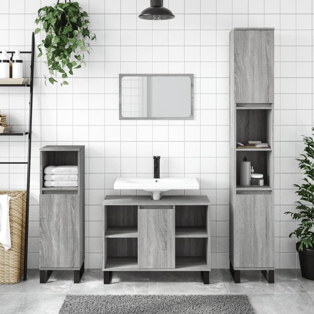 The Living Store 3-tlg. Badmöbel-Set Grau Sonoma Holzwerkstoff