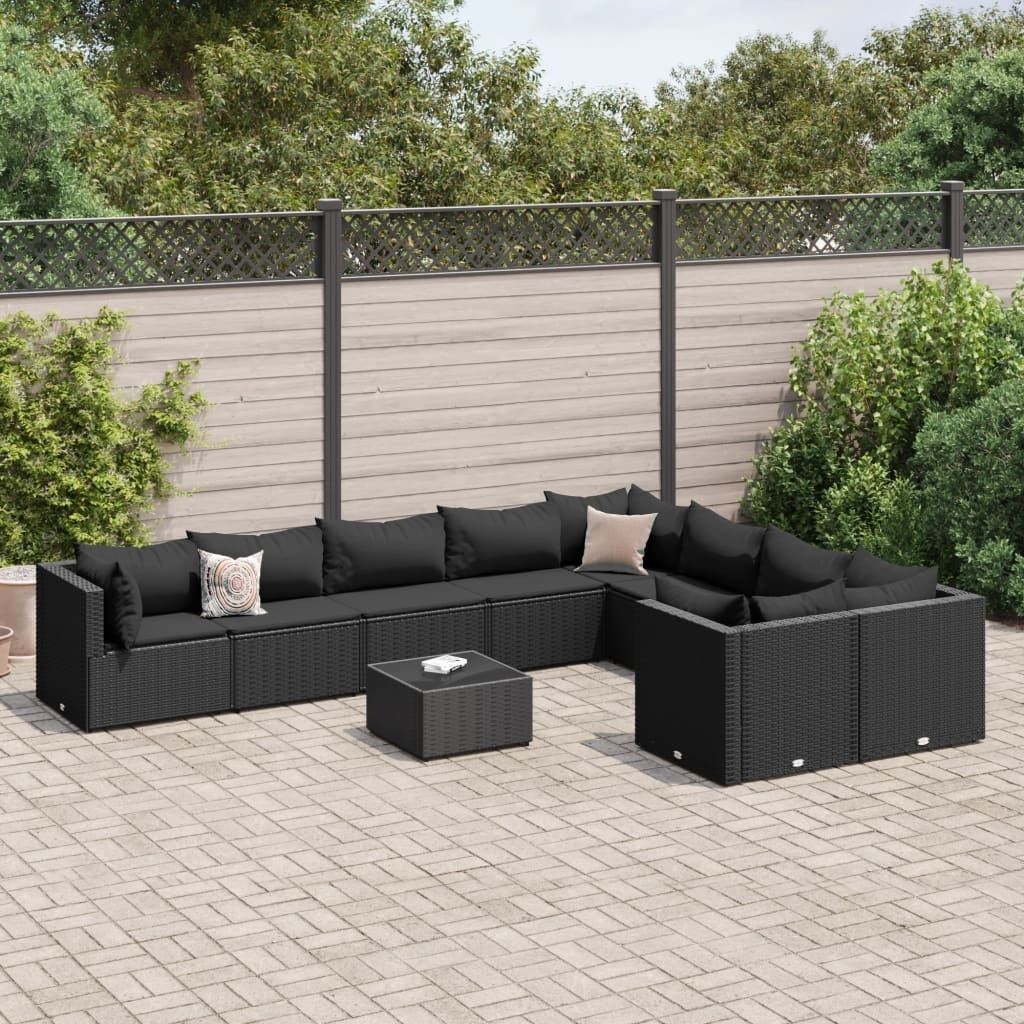 Möbel 10-tlg. Garten-Sofagarnitur mit Kissen Schwarz Poly Rattan - Gartenmöbelgarnituren 3308323
