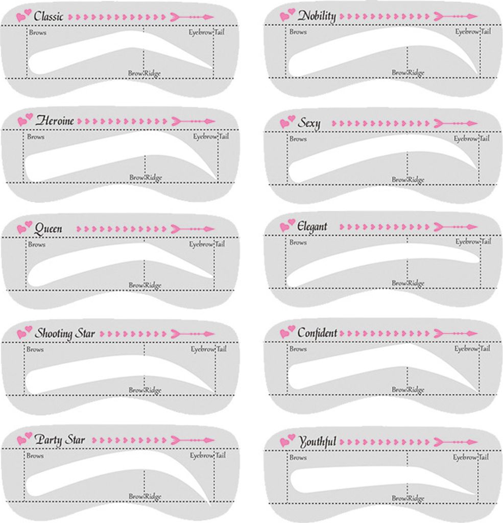 A grid of eyebrow stencils with different shapes and names.