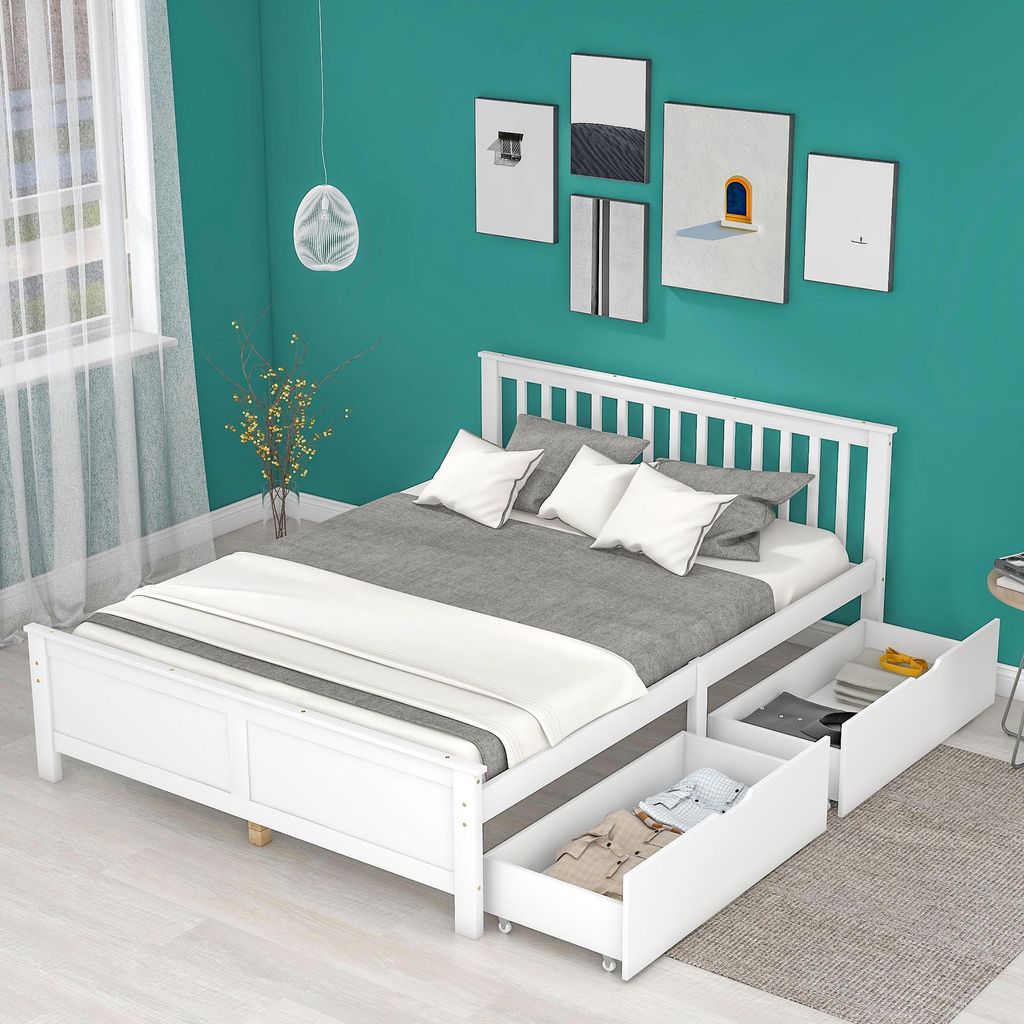Flieks Holzbett Doppelbett Bettgestell 140x200cm, Jugendbett mit Lattenrost und 2 Schubladen Klassisches Bett, Massivholzbett für Ehe Erwachsene, ...