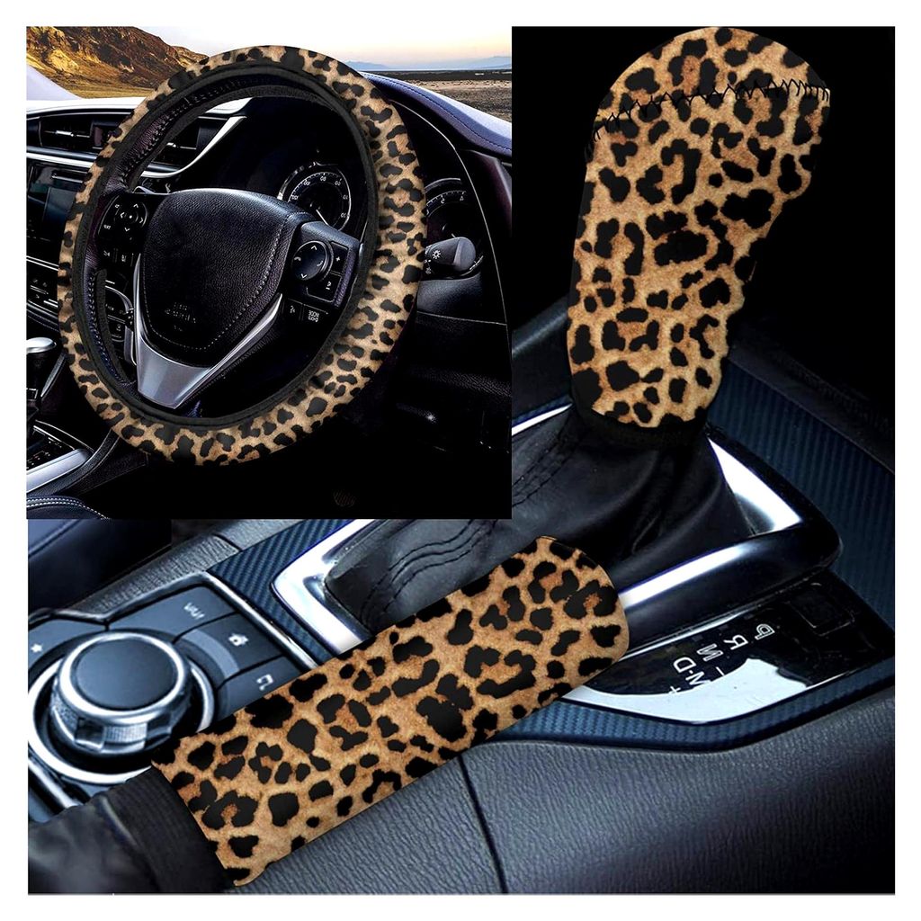 Leopard Auto Lenkradabdeckung, Schaltknauf Abdeckung Griff Abdeckung Hülse Universal Fit für SUV LKW Vans Limousine Auto Zubehör Hülle