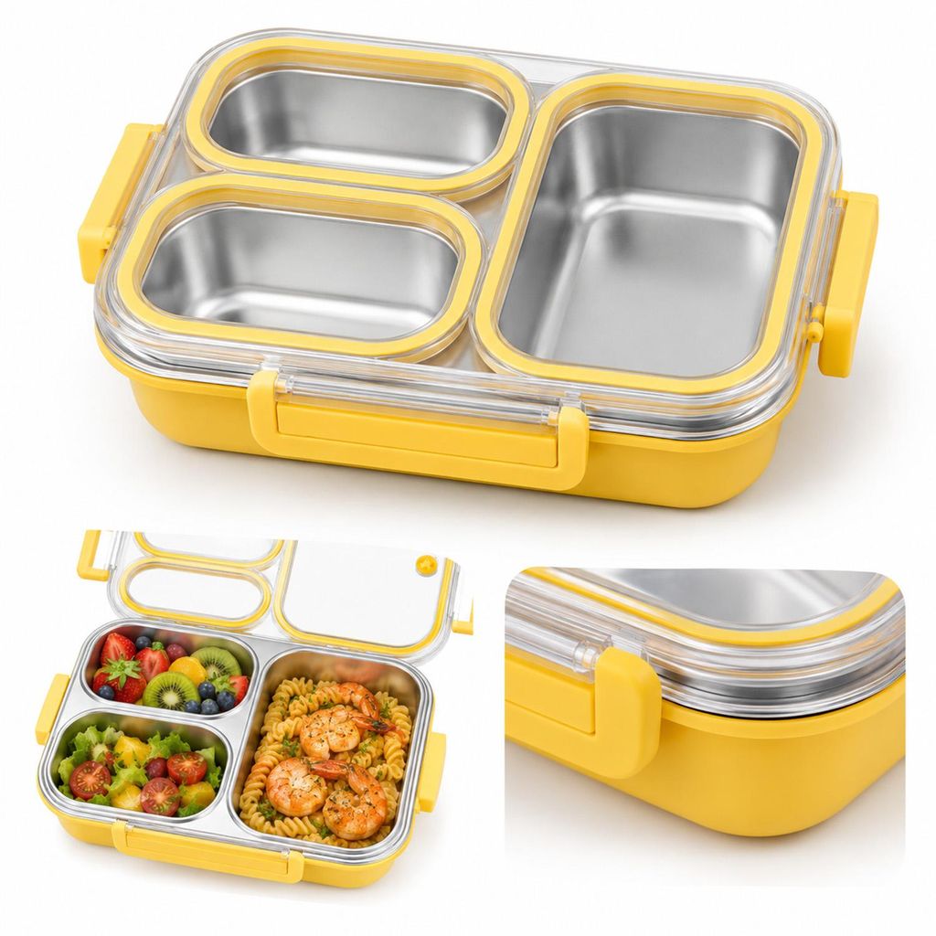 Bento Lunchbox Edelstahl, Brotdose 3 Fächer, unabhängiger Dichtungsring, auslaufsicher für Kinder & Erwachsene, spülmaschinenfest, 800ml