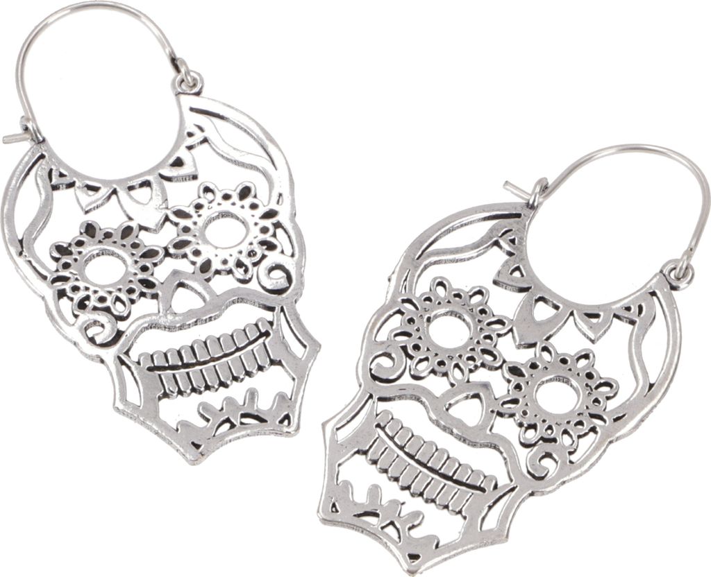 Tribal Festival, Goaohrringe mit Totenkopf aus Messing - Silberfarben, Silber-Farben, Ohrringe + Ohrstecker Modeschmuck