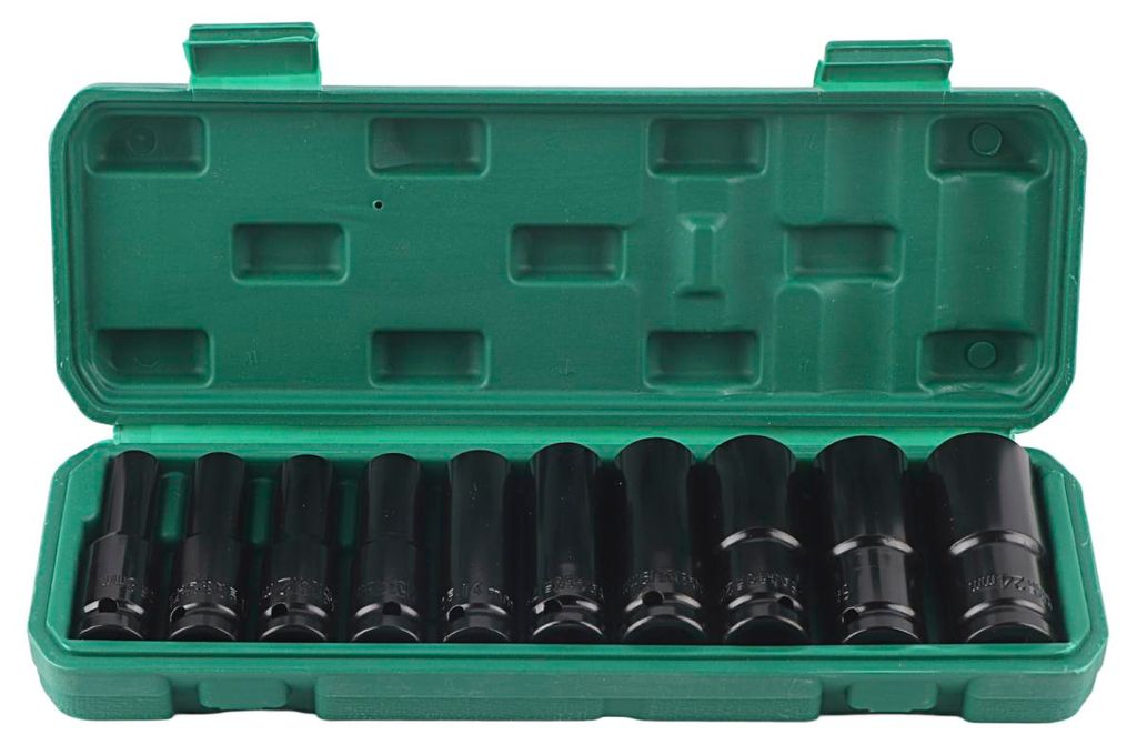 10-teiliges 1/2-Zoll-Tiefbett-Schlagschrauber-Steckschlüssel-Set, 6-kant, 8–24 mm, Kohlenstoffstahl, Autoreparaturwerkzeug