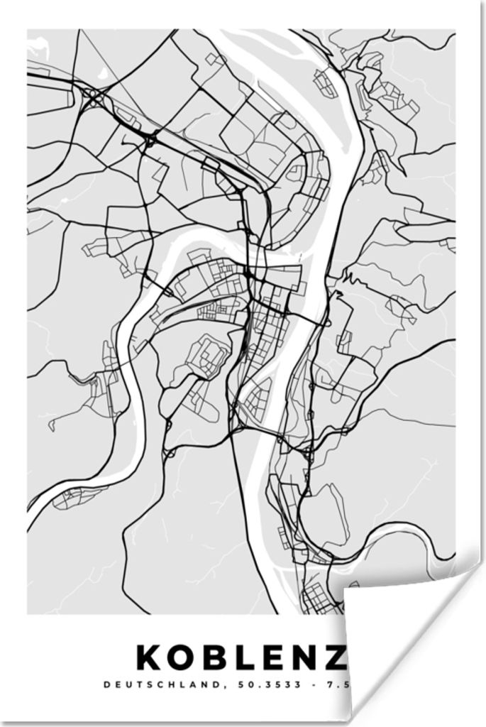 MuchoWow Poster Koblenz - Karte - Stadtplan - Deutschland - Karte 60x90 cm - Wanddekoration