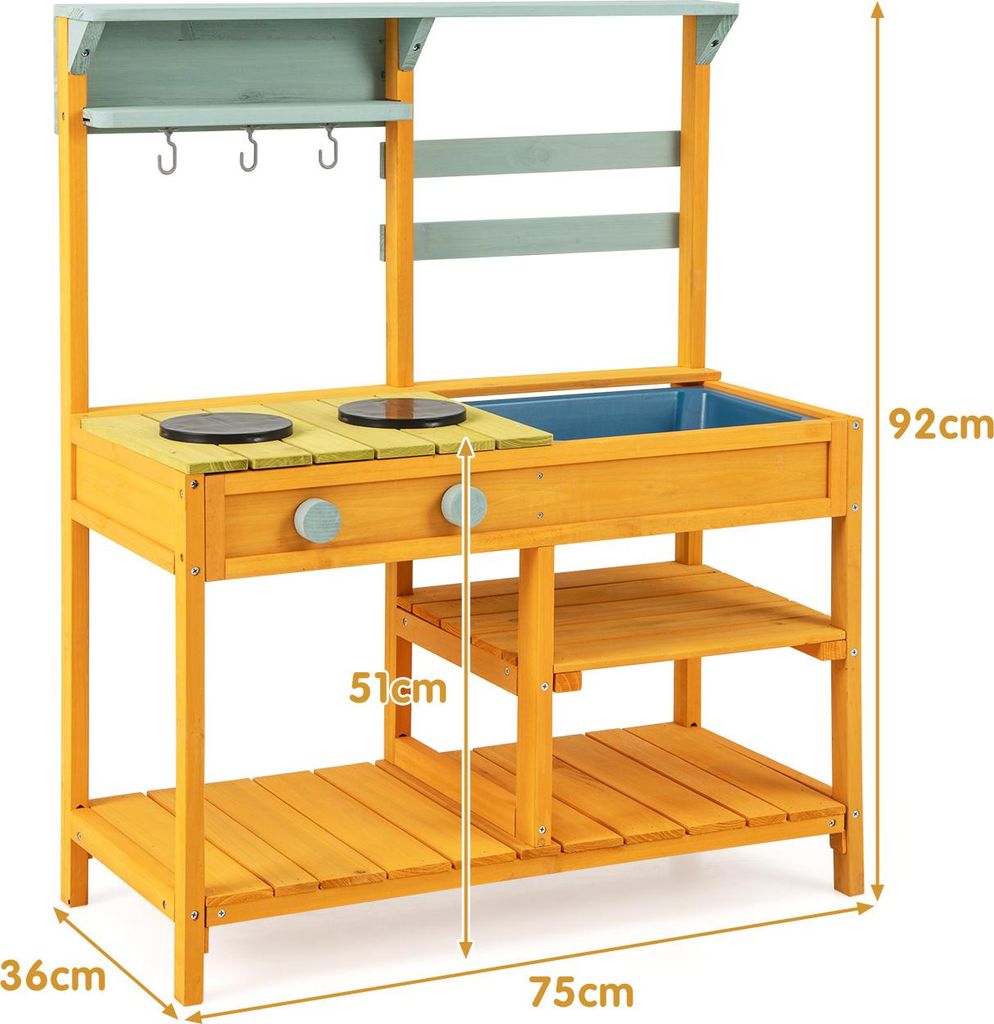 GOPLUS Matschküche Kinder Outdoor, Spielküche aus Holz mit Abnehmbarer Spüle & 3 Haken zum Aufhängen, Kinderküche mit Stauraum für den Garten...