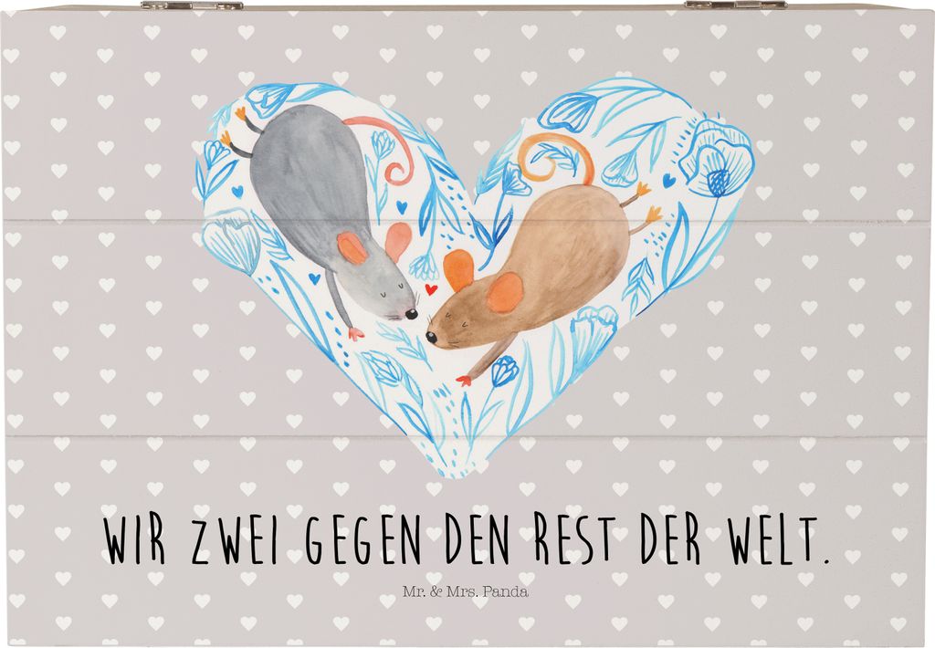 Mr. & Mrs. Panda Truhe Mäuse Herz 22 x 15 cm - Grau Pastell - Geschenk, Maus, fotobox, Jahrestag, Schatzkiste, Box, Holz Aufbewahrungsbox, für Im...