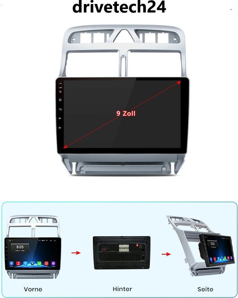 Peugeot 307 Android 11 Autoradio 9" Touchscreen BT GPS Navi 32GB ROM 2GB RAM