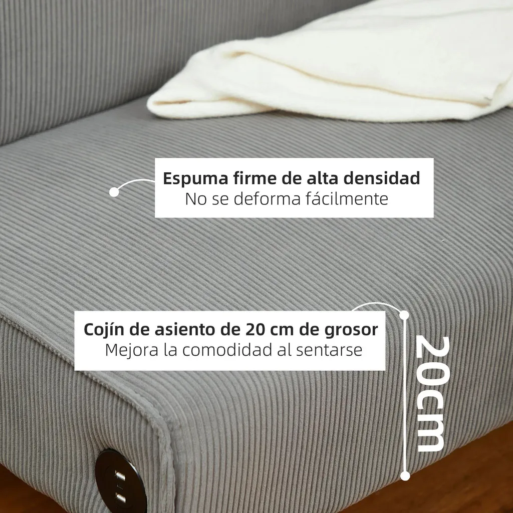 Canapé 2 places USB et Type C intégré - Structure robuste 240 kg Gris