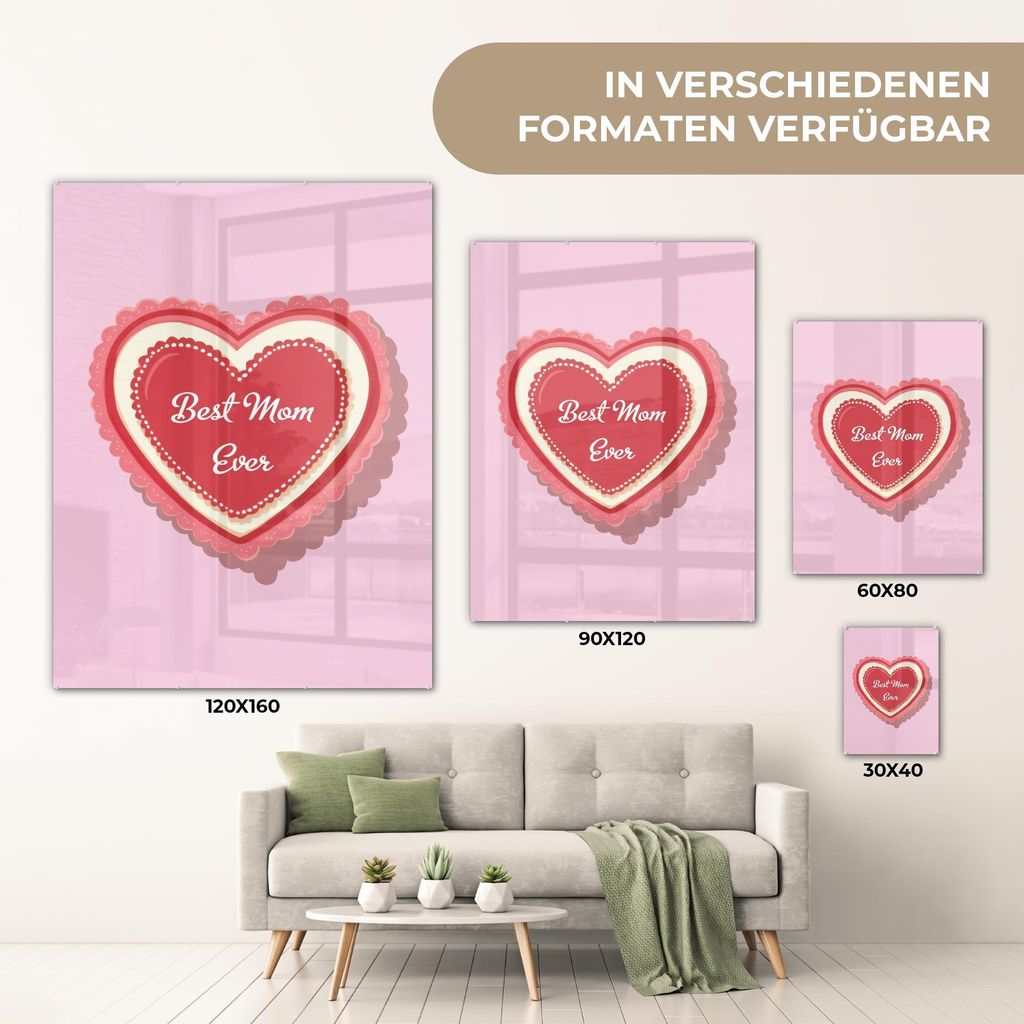 MuchoWow Glasbilder - Bilder auf Wandbild - Foto auf Glas Text - Herz - Mutter - Rosa 60x80 cm Wanddekoration aus Glas - Acrylglasbild - Acrylbilde...