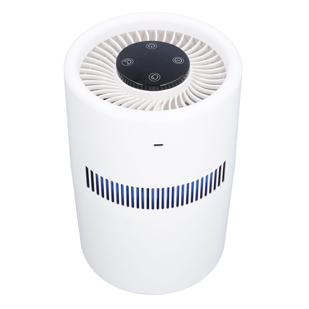 A white cylindrical air purifier with a black control panel on top.