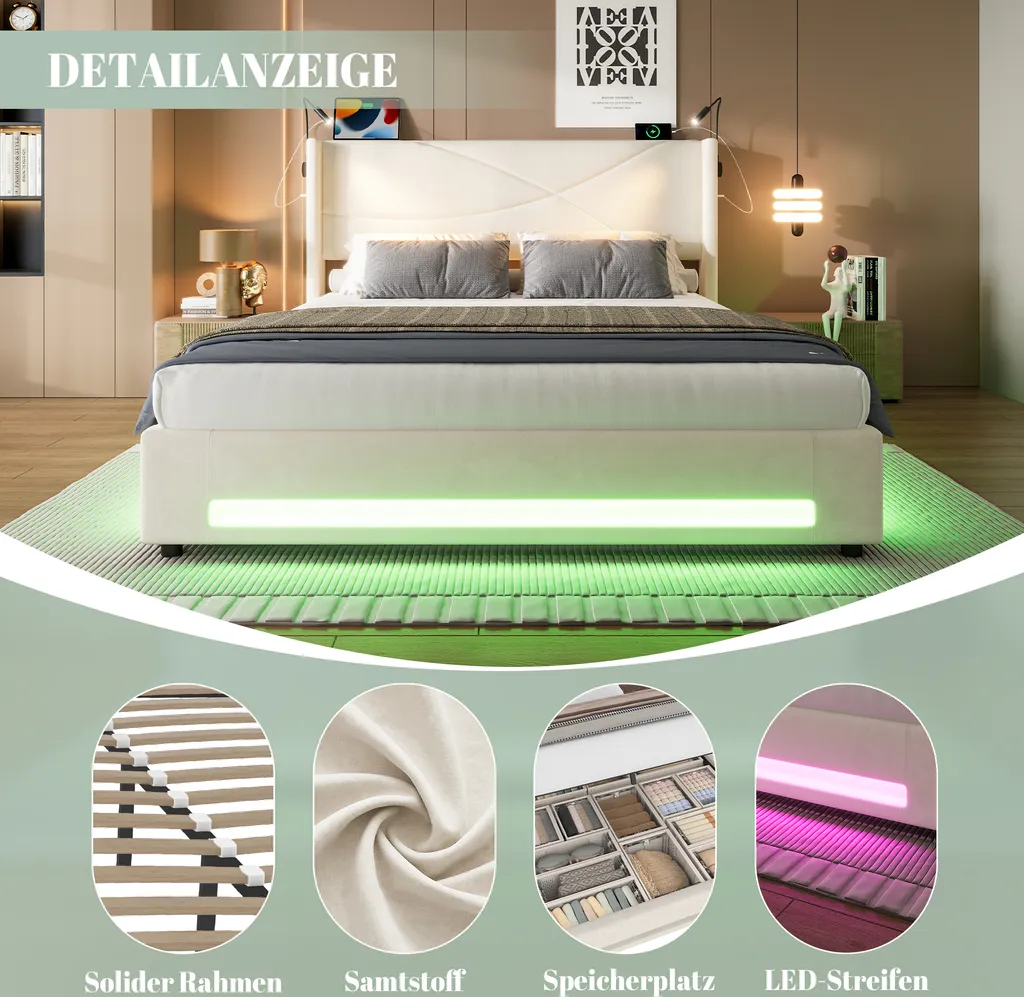 Lit hydraulique 140x200cm en velours beige avec lampes intégrées - 4