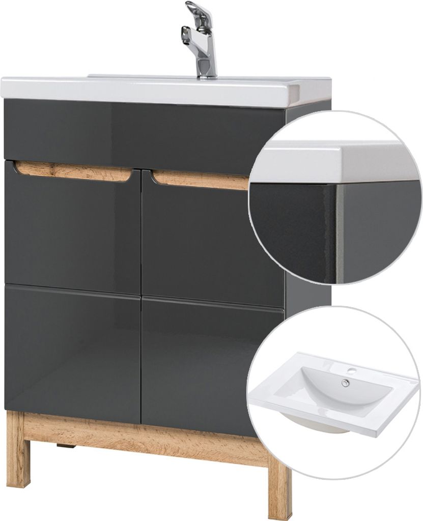 Waschtischunterschrank inkl. 61 cm Keramikbecken SOLNA-56 Hochglanz grau mit Wotaneiche, B x H x T ca. 61 x 85 x 46cm