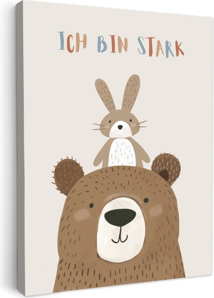MuchoWow - Leinwandbilder - Bär - Kaninchen - Beige - Tiere - Zitat, Wandbild, Wanddeko Bilder Wohnzimmer, 30x40 cm