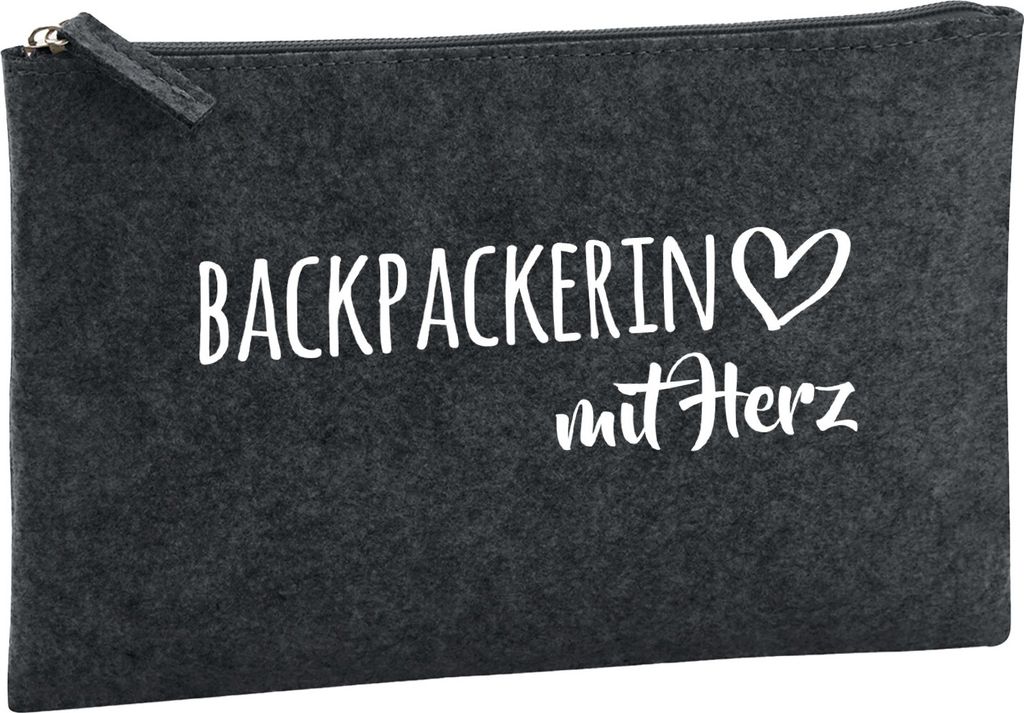 Huuraa Kulturbeutel Backpackerin mit Herz 1 Liter Charcoal Filz Kosmetiktasche Geschenkidee