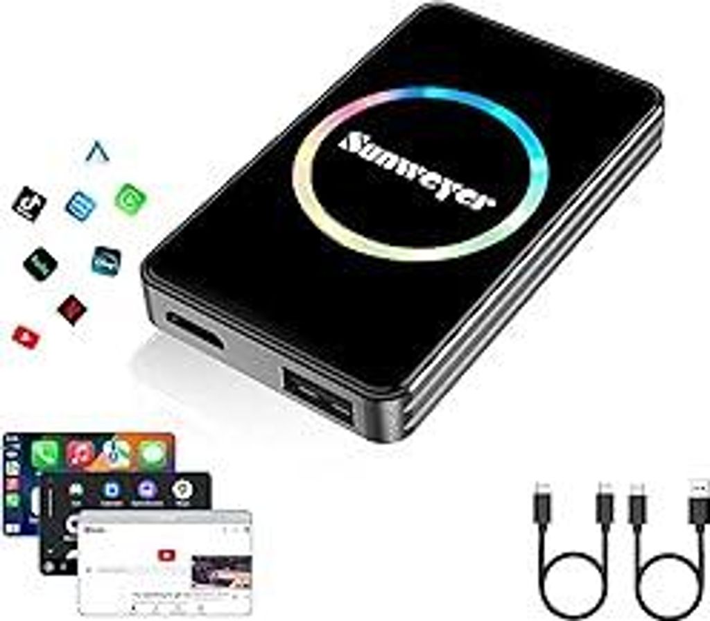 Sunweyer Wireless CarPlay Adapter Car Streaming Gerät Ai Box Unterstützt Netflix, YouTube, Hulu, Disney+, Android Auto Wireless Adapter mit LED-S...
