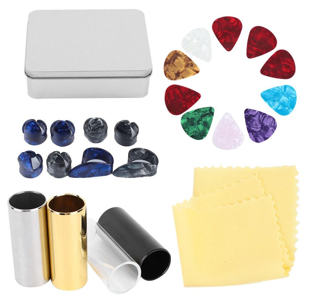 Gitarrenzubehör-Set: 10 Plektren aus Zelluloid, 4 Gitarren-Slider, 8 Fingerlinge mit Eisenbox