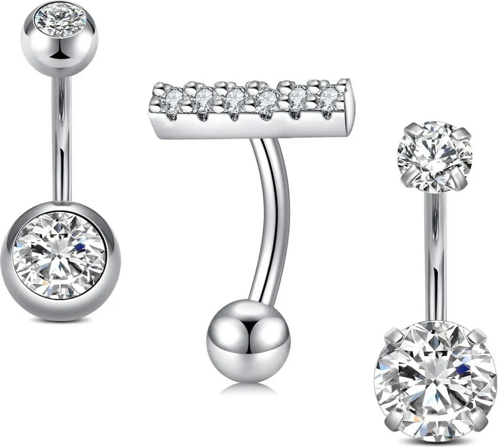 Set 3 Piercing Ombelico Acciaio Chirurgico Cuore Opale Diamante 14G