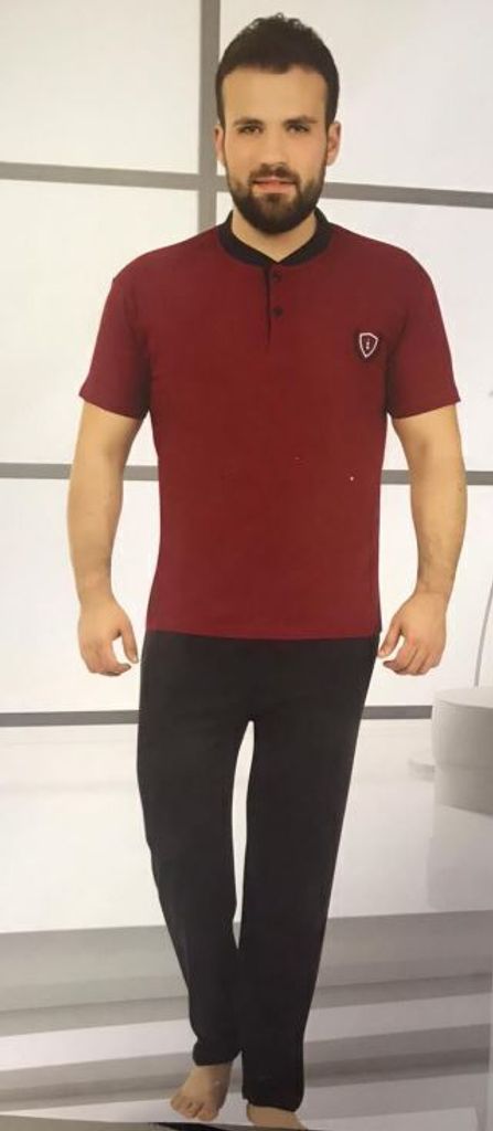 Herren Pyjama Schlafanzug Rot M %100 Baumwolle Kurz 2-Teiler Set R-75