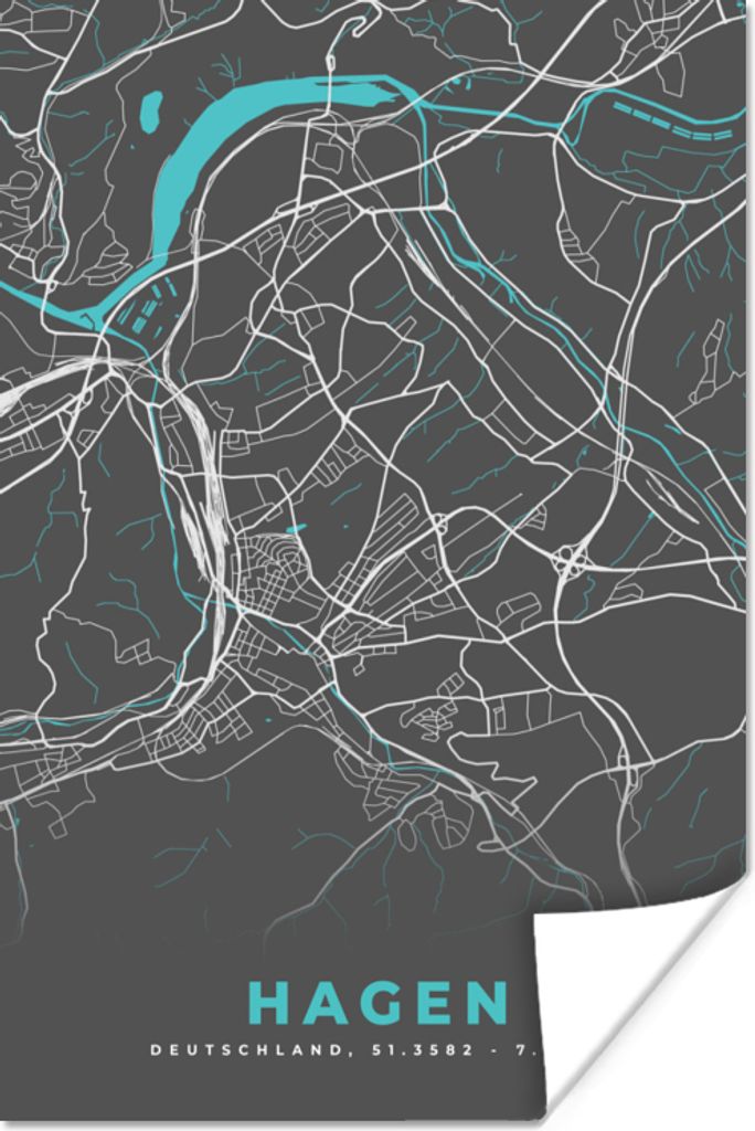MuchoWow Poster Karte - Stadtplan - Hagen - Deutschland - Blau 120x180 cm - Kunstposter