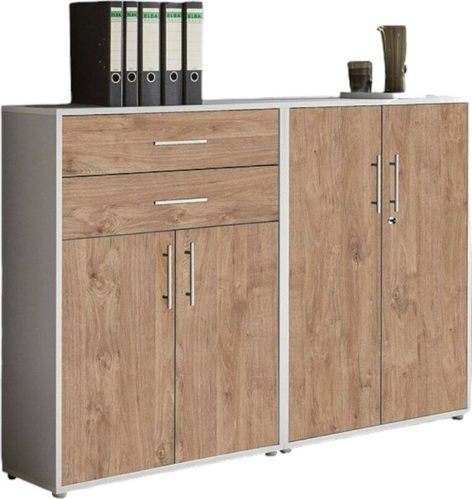 Aktenschrank TABOR 12 in lichtgrau / Gold Harbor Oak, Schrankwand, Büroschrank, abschließbar, Metallgriffe