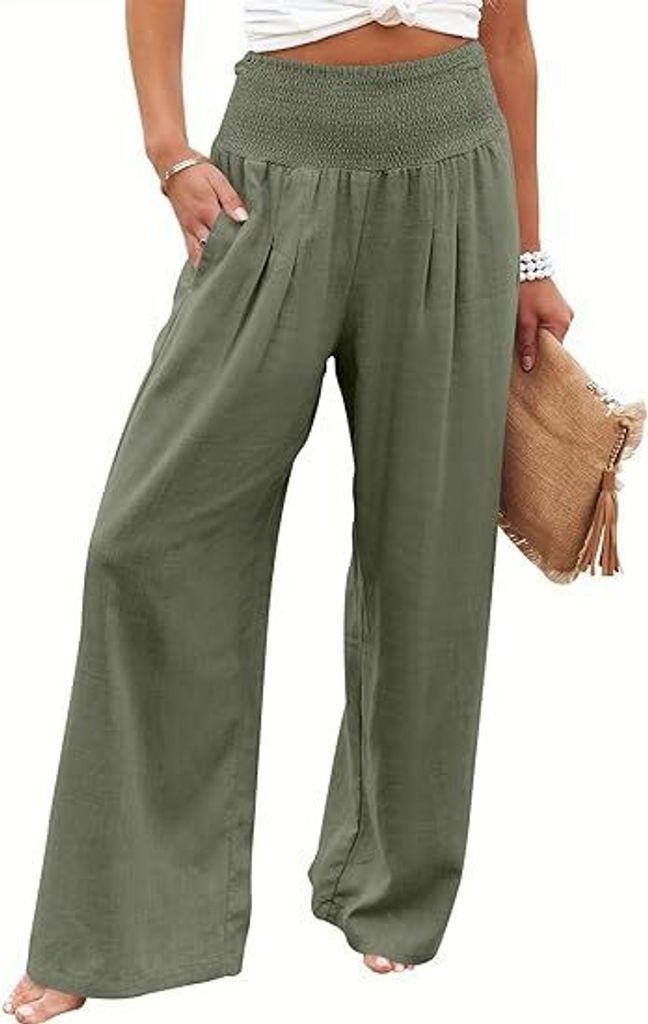 Damen Leinen Palazzo Hose Sommer Boho Weites Bein Hoher Bund Freizeit Hose mit Taschen