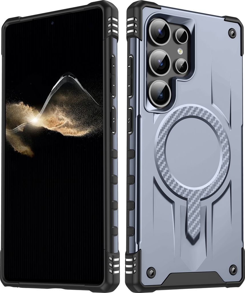 Magnetisch Hülle für Samsung Galaxy S23 Ultra, Dual Layer PC TPU Stoßfest Handyhülle Grau
