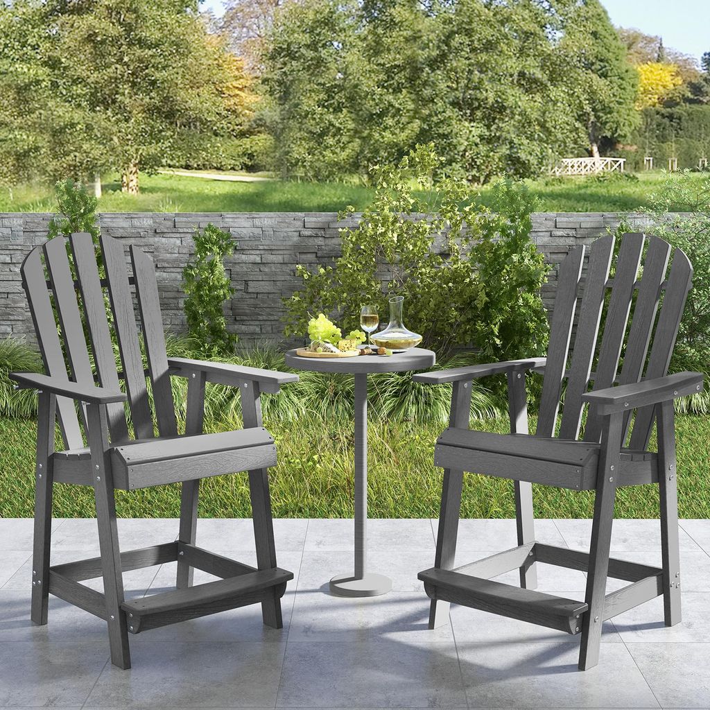 GOPLUS Hoher Adirondack Stuhl, wetterfester Barhocker aus HDPE, Barstuhl mit schräger Hochlehne & Armlehne & Fußstütze, Grau