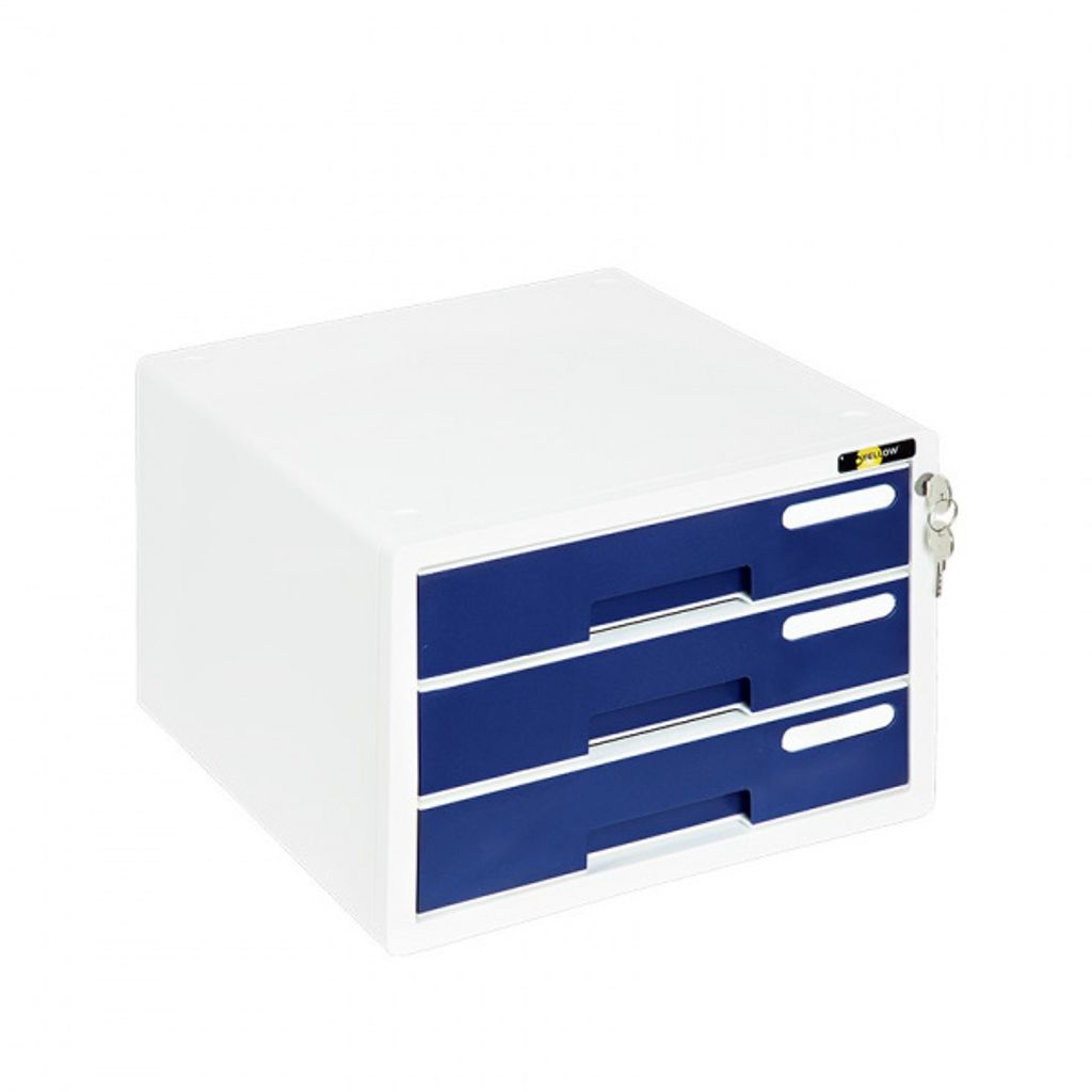 Schubladenbox A4 abschließbar mit Schloss, aus Kunststoff, 3 Fächer, Farbe: weiss/blau
