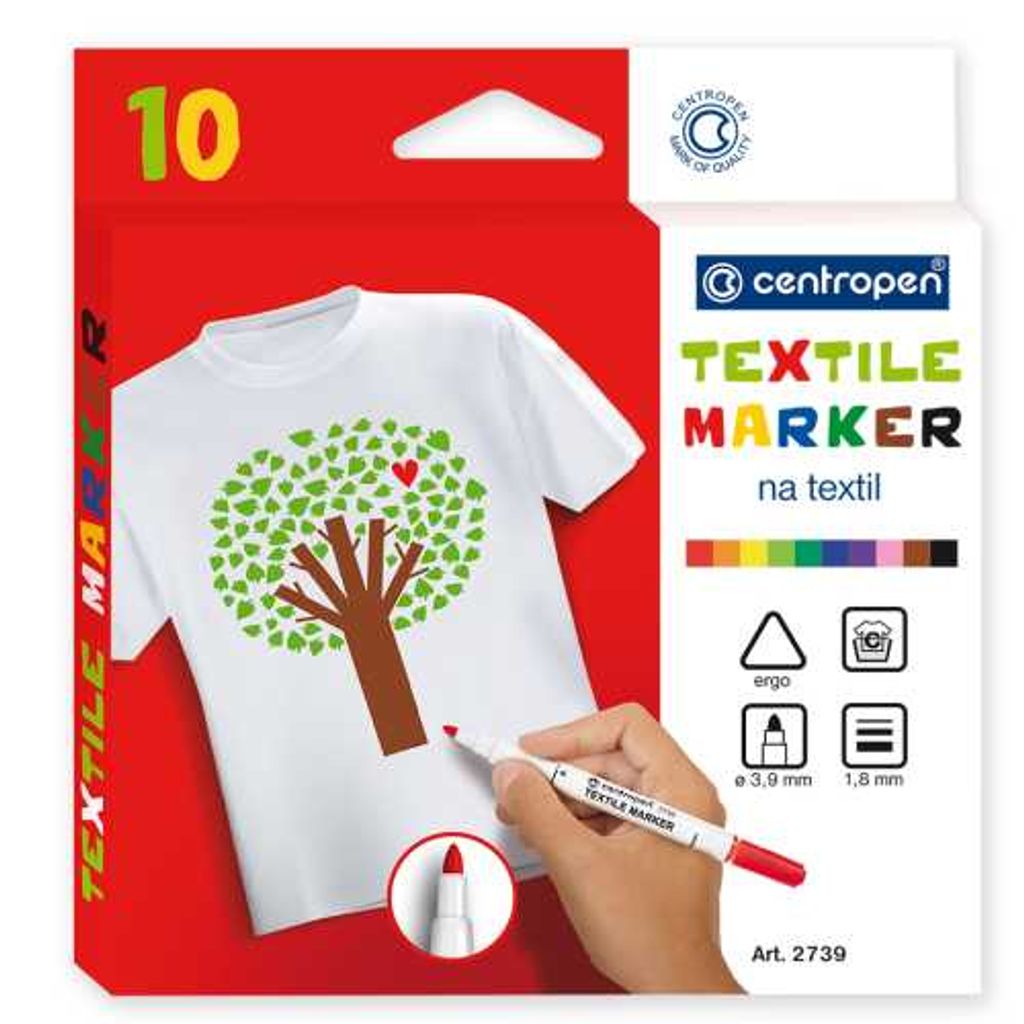 A box of Centropen textile markers with a t-shirt design on it.