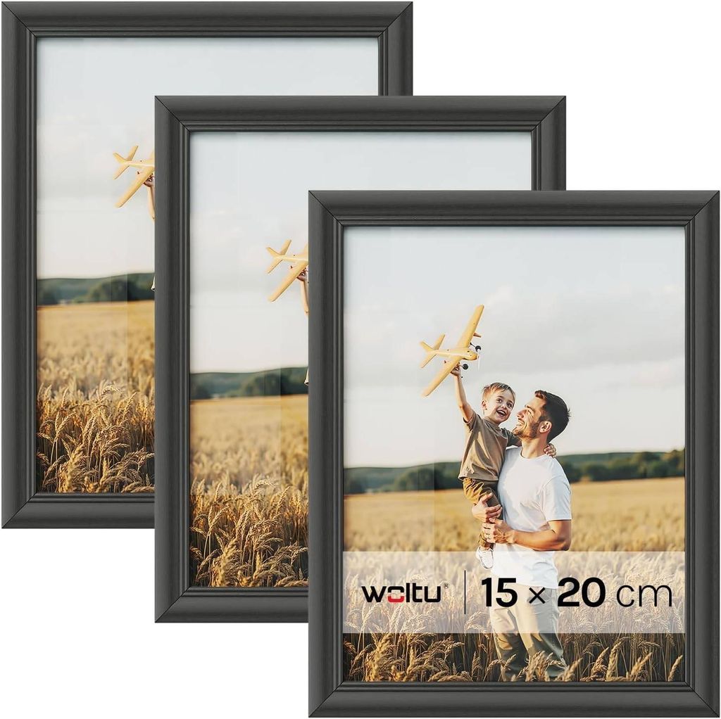 WOLTU 3er-Set Bilderrahmen Artos Stil Holz Rahmen Fotogalerie Glasscheibe, Schwarz, 15x20 cm