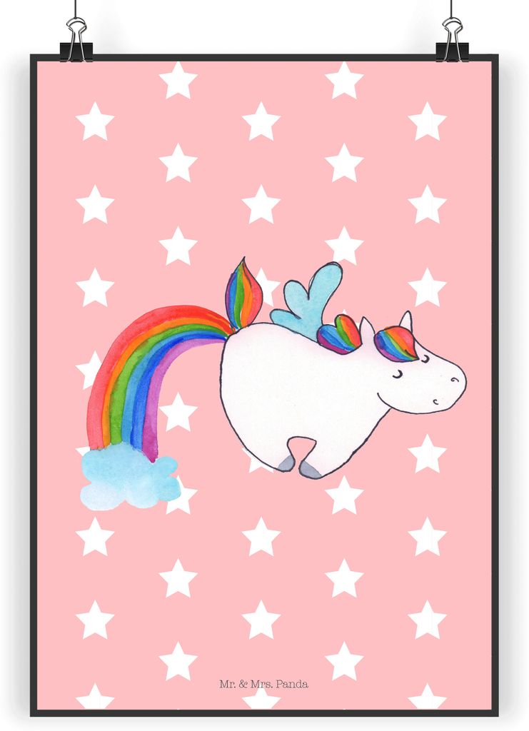 Mr. & Mrs. Panda Bild Einhorn Fliegendes Pferd DIN A3 - Rot Pastell - Geschenk, drucke, Plakat, Unicorn, Glitzer, Kunstdruck, Wandbild, Regenbogen,...