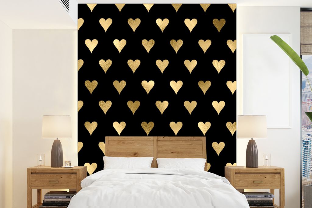 MuchoWow Fototapete für Wohnzimmer oder Schlafzimmer Wandtapete Vinyl Motivtapete Herz - Gold - Luxus - Schwarz - Muster - 205x280 cm - Wandbild