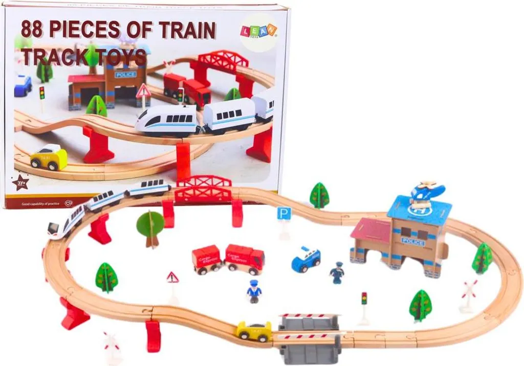 Circuit de Train en Bois 88 Pièces avec Rails Voitures et Bâtiments