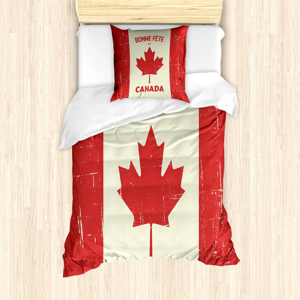 ABAKUHAUS Canada Set copripiumino per letti singoli, tema Happy Canada, antiacaro, adatto a chi soffre di allergie, con federa, 135 cm x 200 cm - 80 x 80 cm, vermiglio e avorio