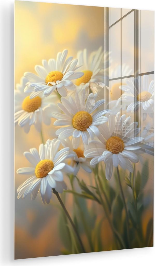 MuchoWow Glasbilder - Bilder auf Wandbild - Foto auf Glas Gänseblümchen - Weiß - Sonnenlicht 80x120 cm Wanddekoration aus Glas - Acrylglasbild -...