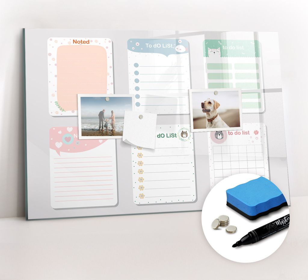 Magnetpinnwand Memoboard - Zubehörsatz - Schwarzer Marker + Schwamm + Magnete - 60 x 40 cm - Bunte Notizen