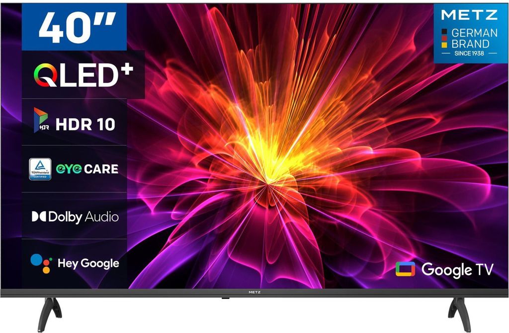 A television screen displaying a colorful abstract image, with various feature callouts and brand logos on the left and right sides.