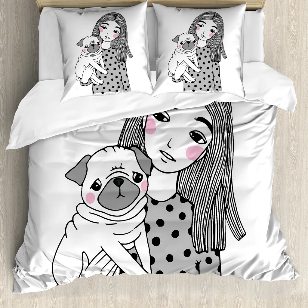 Parure de lit enfant motif Carlin et petite fille en noir et blanc